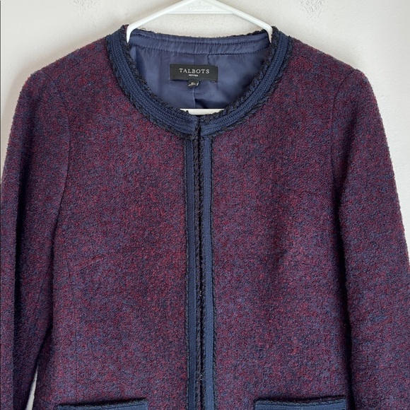 Talbots Tweed wool blend navy trim Womens Dark purple  Blazer suit jacket 8P EUC - Picture 2 of 14